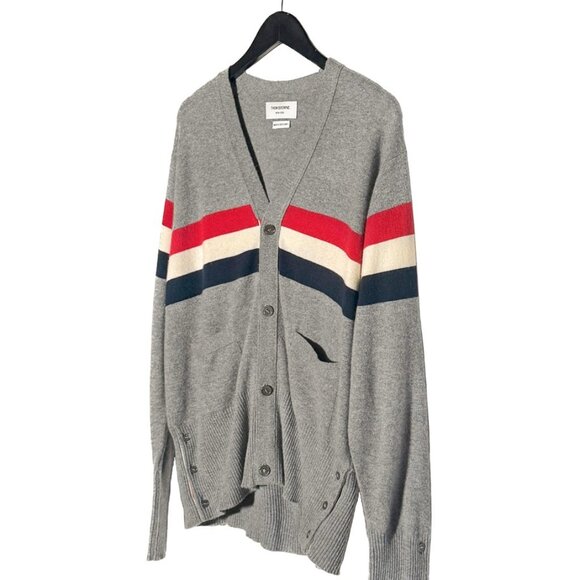 Thom Browne Grey Cashmere Tricolour Stripes Cardigan Sweater - Picture 2 of 10